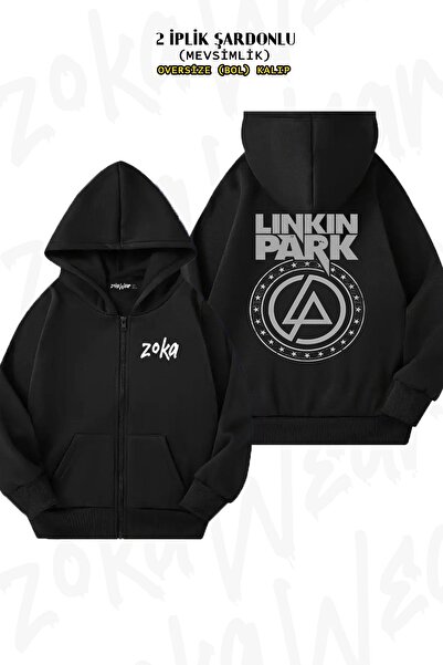 ZOKAWEAR سترة سوداء بغطاء للرأس كبيرة الحجم تحمل شعار Linkin Park - مطبوع علي...