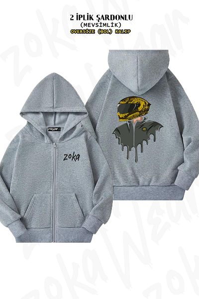 ZOKAWEAR Biker Helmet Pattern - Gray Cardigan with Zipper and Hood (2 Thread)