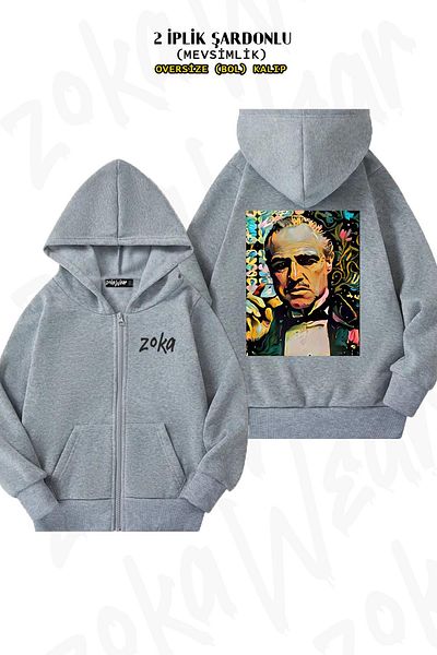 ZOKAWEAR Godfather Back Printed Oversize Grey Cardigan - Φερμουάρ και κουκούλα (2 κλωστές)