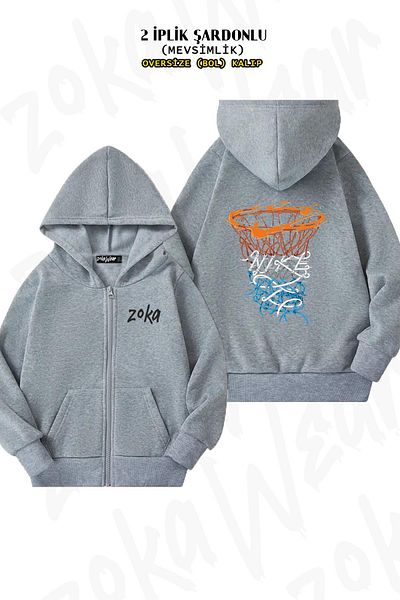 ZOKAWEAR Oversize στεφάνι μπάσκετ v2 πίσω με στάμπα με φερμουάρ και κουκούλα γκρι ζακέτα (2 κλωστές)