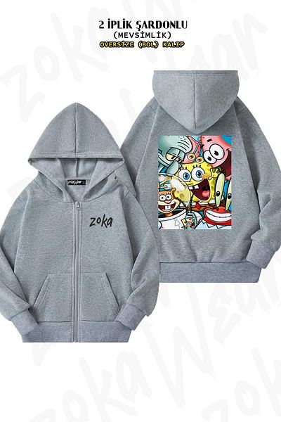 ZOKAWEAR Sunger Bob Family Gray Oversize Hooded Cardigan - Back Printed, Zippered (2 Thread)