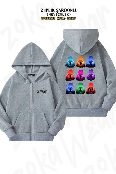 ZOKAWEAR Demon Slayer Vip Back Printed Oversize Grey Cardigan - με φερμουάρ και κουκούλα (2 κλωστές)