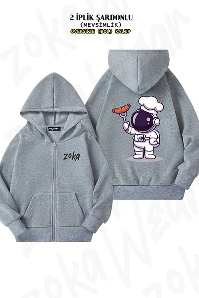 ZOKAWEAR Astronaut Cook Back Printed Oversize Grey Cardigan - Φερμουάρ και κουκούλα (2 κλωστές)