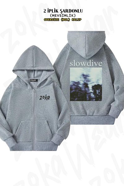 ZOKAWEAR Slovvdive Oversize Grey Cardigan - Πίσω στάμπα με φερμουάρ και κουκούλα (2 κλωστές)