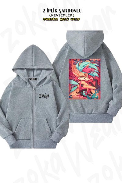 ZOKAWEAR Beelzebub Helluva Boss - Back Printed, Zip-Up, Hooded Gray Cardigan (2 Thread)