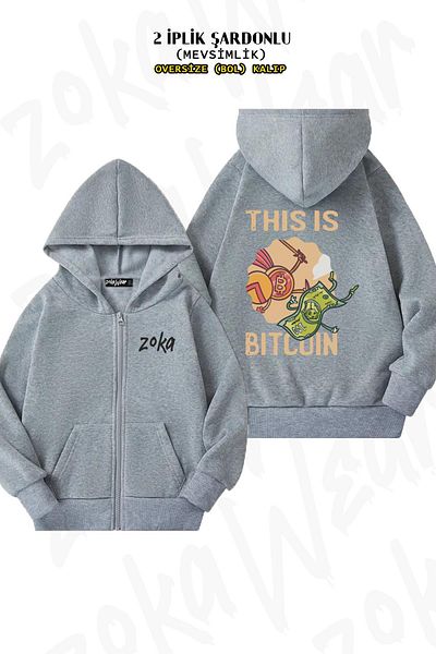 ZOKAWEAR Bitcoin Sparta Funny Pattern - Γκρι υπερμεγέθη ζακέτα με φερμουάρ και κουκούλα (2 κλωστές)
