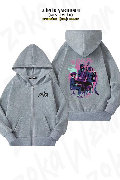 ZOKAWEAR Oversize Cowboy Bebop v5 Back Printed με φερμουάρ και κουκούλα γκρι ζακέτα (2 κλωστές)