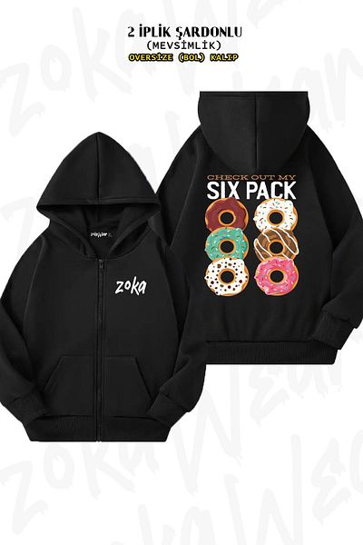 ZOKAWEAR Black Hooded Cardigan with Illustration Drawing - Back Print (Oversize Six Pack, 2 Thread)