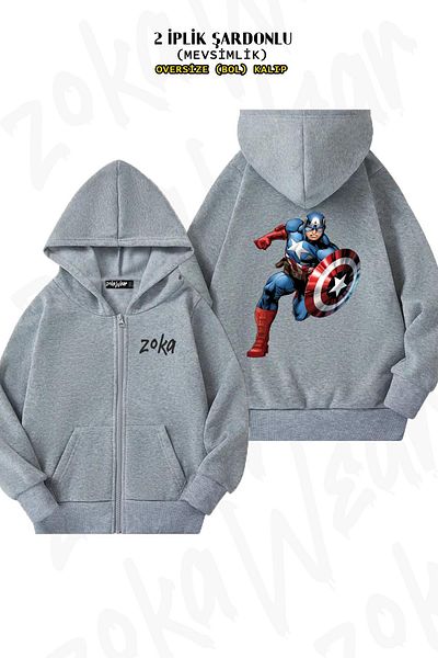 ZOKAWEAR Captain America Oversize Grey Cardigan - Πίσω στάμπα, φερμουάρ και κουκούλα (2 κλωστές)