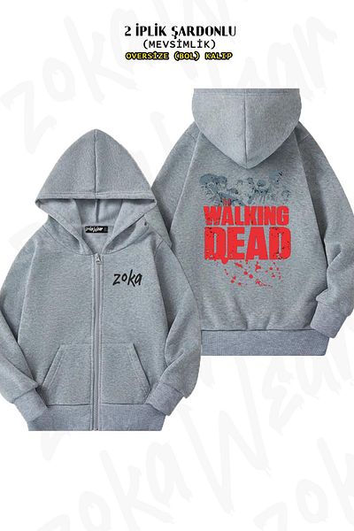 ZOKAWEAR Oversize Zombies The Walking Dead Back Printed Zipper Hooded Grey Cardigan (2 νήματα)