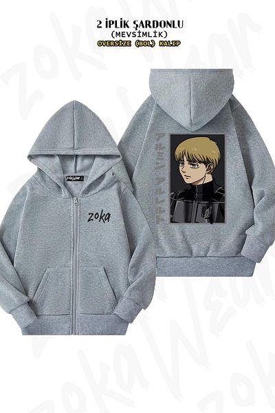 ZOKAWEAR Oversize Attack on Titan Armin Arlert anime πίσω με φερμουάρ με κουκούλα γκρι ζακέτα (2 κλωστές)