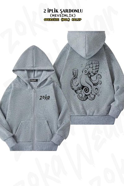ZOKAWEAR Hoptopus - Ζακέτα με στάμπα σε γκρι χταπόδι από διπλό νήμα