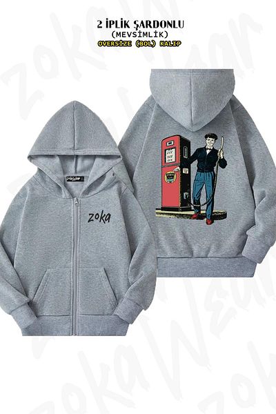 ZOKAWEAR Γκρι ζακέτα με κουκούλα με φερμουάρ Oversize Fuel Back Printed (2 κλωστές)