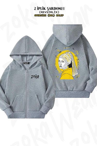 ZOKAWEAR Γκρι υπερμεγέθη ζακέτα για κορίτσια - στάμπα στην πλάτη, κουκούλα με φερμουάρ (2 κλωστές)