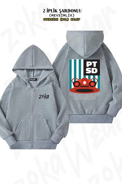 ZOKAWEAR Γκρι Oversize Ζακέτα με κουκούλα - Πίσω στάμπα, με φερμουάρ (2 κλωστές)