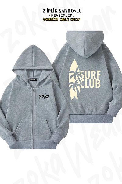 ZOKAWEAR Surfing Back Printed - Γκρι ζακέτα με κουκούλα με φερμουάρ (2 κλωστές)