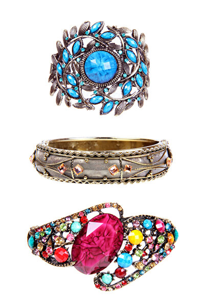 Rouge Renkli Taşlı Kelepçe Bilezik Paketi