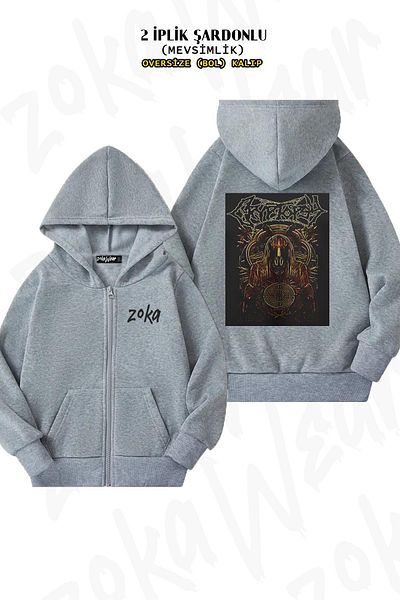 ZOKAWEAR Cryptopsy Printed Oversize Grey Cardigan - Hooded, Zippered, 2 Thread