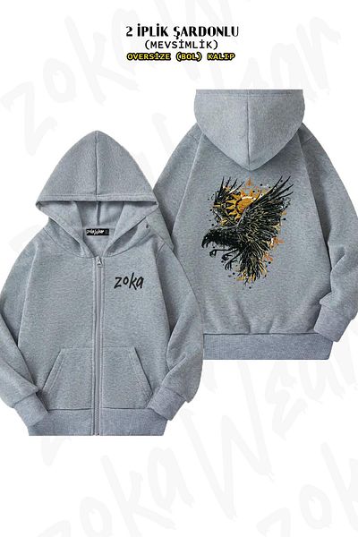 ZOKAWEAR Oversize Crow Special Back Printed Zipper Hooded Grey Cardigan (2 νήματα)
