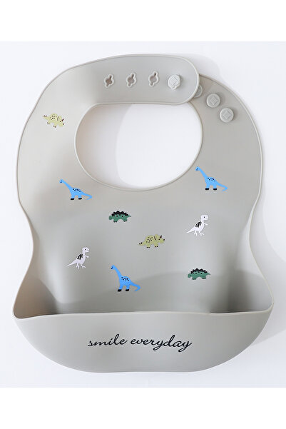 Fab N Funky Silicone Dino Print Bib - Ultra-Absorbent, Soft, Round Neck Closure for Babies 0M+ - Dark Grey