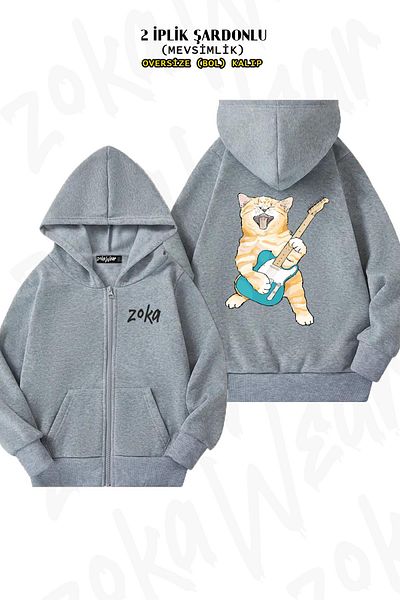 ZOKAWEAR Rock Roll Kitten Pattern - Γκρι ζακέτα με φερμουάρ και κουκούλα (2 κλωστές)