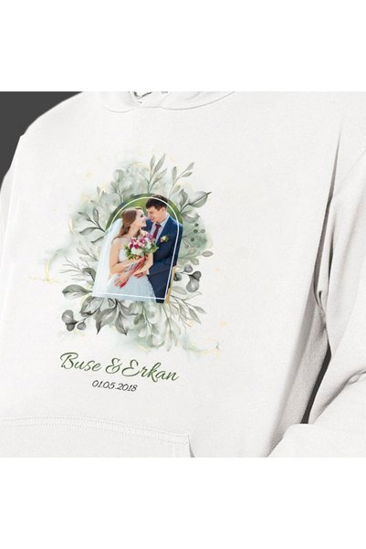 Hediye Kesesi Kişiye Özel Fotoğraf Baskılı Kapşonlu Beyaz Unisex Sweatshirt H...