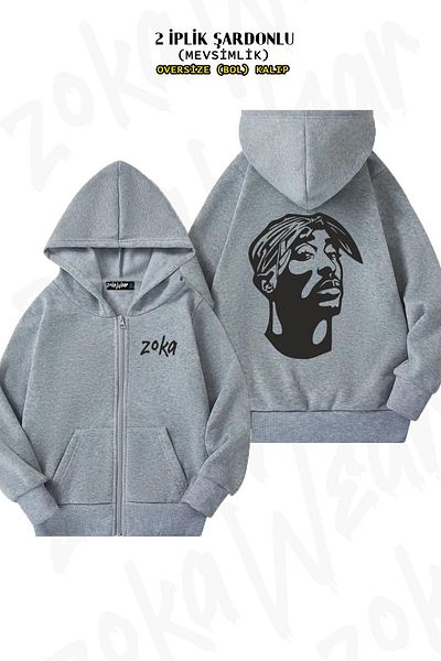 ZOKAWEAR 2Pac Tupac Shakur Oversize Grey Cardigan - Back Print, Zip and Hoodie (2 Thread)