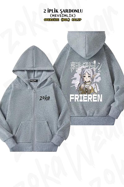 ZOKAWEAR Oversize Frieren Beyond Journey's End Back Printed Zipper Hooded Grey Cardigan (2 νήματα)