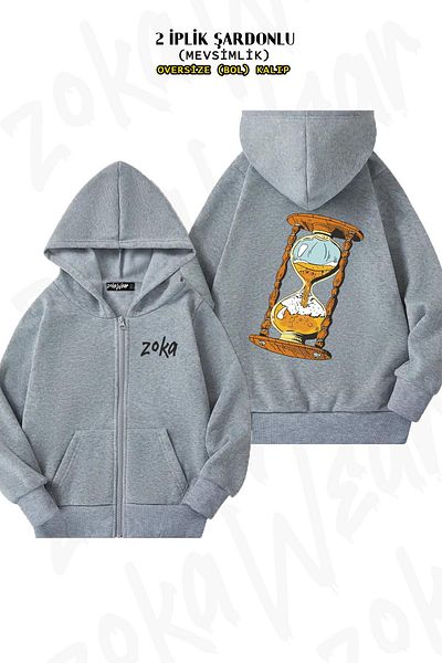 ZOKAWEAR Oversize Κλεψύδρα Time Wood Deger Back Printed με φερμουάρ με κουκούλα γκρι ζακέτα (2 κλωστές)