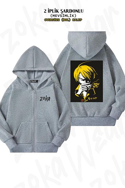 ZOKAWEAR Oversize Smokey Sanji Back Printed Zipper Hooded Grey Cardigan (2 κλωστές)
