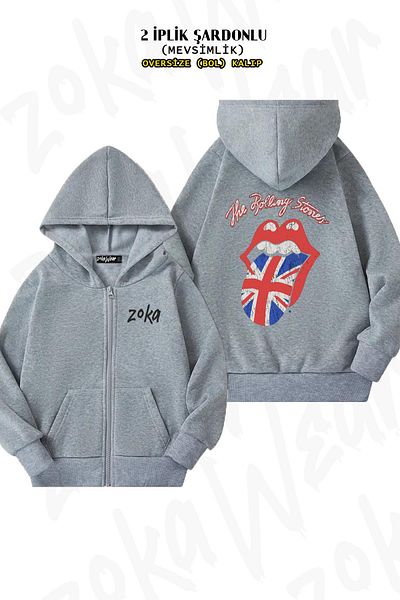 ZOKAWEAR The Rolling Stones Oversize Grey Cardigan - Πίσω στάμπα με φερμουάρ και κουκούλα (2 κλωστές)