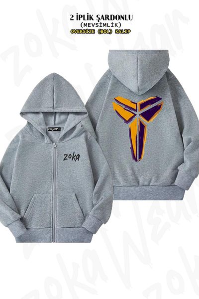 ZOKAWEAR Kobe Bryant Oversize Mamba Remembered Back Printed Grey Hooded Cardigan - 2 νήματα