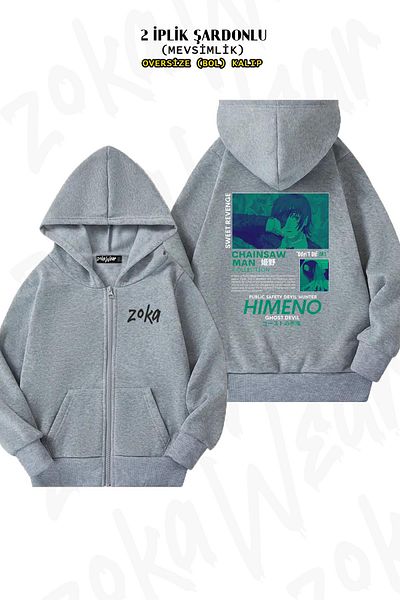 ZOKAWEAR Υπερμεγέθη Chainsaw Man Himeno Special Back Printed Zipper Hooded Grey Cardigan (2 κλωστές)