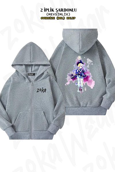 ZOKAWEAR Genshin Impact Qiqi μοτίβο υπερμεγέθη γκρι ζακέτα - με φερμουάρ και κουκούλα (2 κλωστές)
