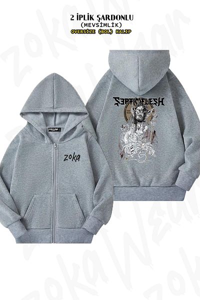 ZOKAWEAR Septicflesh 3 Grey Oversize Cardigan - 2 κλωστές, στάμπα στην πλάτη και κουκούλα με φερμουάρ