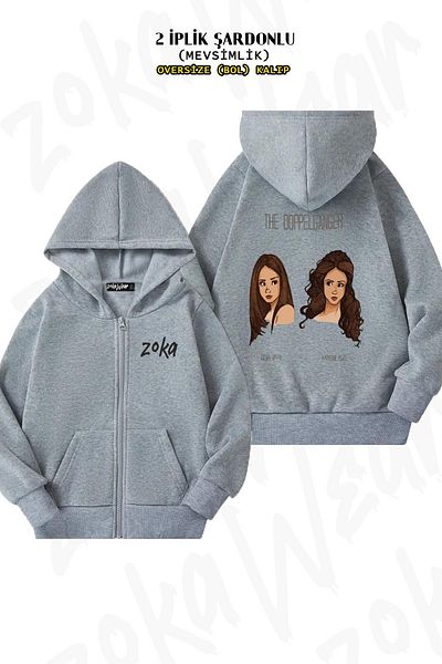 ZOKAWEAR Vampire Diaries Oversize γκρι ζακέτα με κουκούλα - Πίσω στάμπα, φερμουάρ, 2 κλωστές