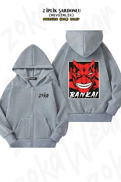 ZOKAWEAR Oversize Bleach Zaraki Kenpachi (Bankai) Γκρι ζακέτα με φερμουάρ στην πλάτη (2 κλωστές)