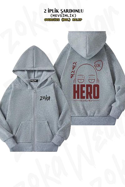 ZOKAWEAR Oversize One Punch Man Saitama (OK) v3 πίσω με φερμουάρ με κουκούλα γκρι ζακέτα (2 κλωστές)
