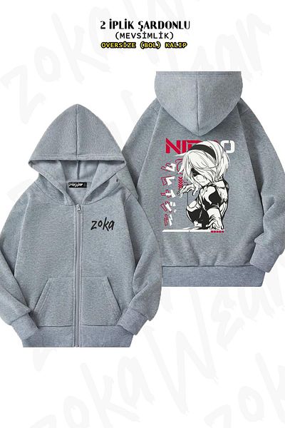 ZOKAWEAR Nier Automata 2b Oversize Hooded Grey Cardigan - Πίσω στάμπα, με φερμουάρ (2 κλωστές)