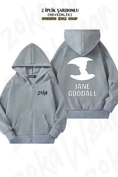 ZOKAWEAR Jane Goodall Women's Science Printed - Γκρι ζακέτα με κουκούλα με φερμουάρ (2 κλωστές)