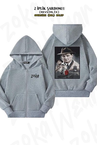 ZOKAWEAR Oversize Schindler's List Back Printed Zipper Hooded Grey Cardigan (2 νήματα)