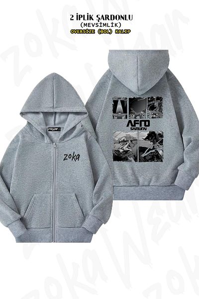 ZOKAWEAR Oversize Afro Samurai Back Printed Zipper Hooded Grey Cardigan (2 κλωστές)