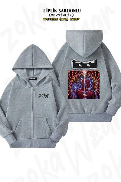 ZOKAWEAR Υπερμεγέθη εργαλειοθήκη πίσω με φερμουάρ με κουκούλα γκρι ζακέτα (2 κλωστές)