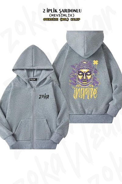 ZOKAWEAR Εμπνευσμένη τυπωμένη υπερμεγέθη γκρι ζακέτα - Φερμουάρ, κουκούλα, 2 κλωστές
