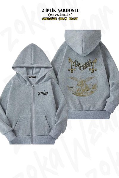 ZOKAWEAR 02 Rock Metal Oversize Grey Cardigan - Πίσω στάμπα, φερμουάρ, κουκούλα (2 κλωστές)