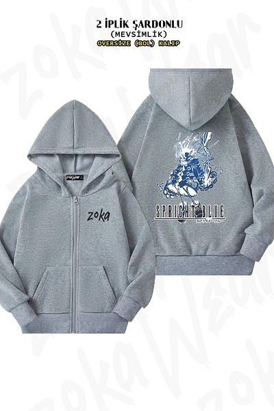 ZOKAWEAR Ζακέτα Final Fantasy Style Spright Blue Oversize - Πίσω στάμπα, κουκούλα με φερμουάρ, γκρι (2 κλωστές)