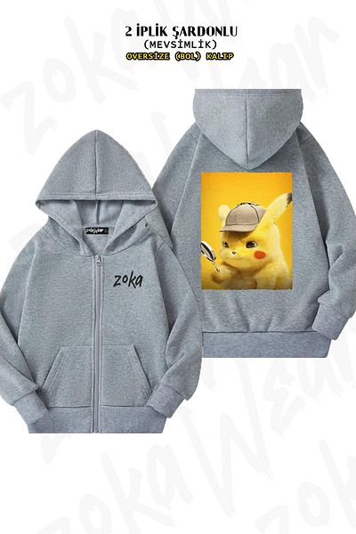 ZOKAWEAR Oversize Pokémon Detective Pikachu Back Printed Zipper Hooded Grey Cardigan (2 νήματα)