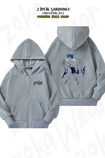 ZOKAWEAR Ryuk Patterned - Back Printed Grey Oversize Cardigan (2 νήματα)