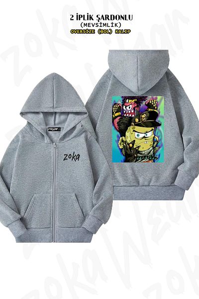 ZOKAWEAR Spongebob Jojo Pattern - Γκρι ζακέτα με φερμουάρ και κουκούλα (2 κλωστές)