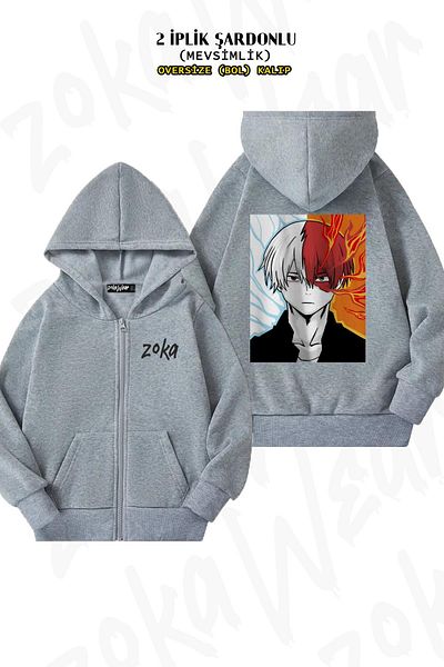 ZOKAWEAR Oversize My Hero Academia Shoto Todoroki Special Back Printed Hoodie με φερμουάρ Γκρι ζακέτα (2 κλωστές)